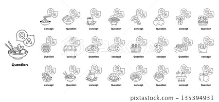 set of illustrations depicting question marks and various objects in a line art style 135394931