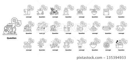 set of illustrations depicting question marks and various objects in a line art style set of illustrations depicting question marks and various objects in a line art style 135394933