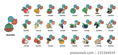 set of illustrations depicting question marks and various objects in a line art style 135394934