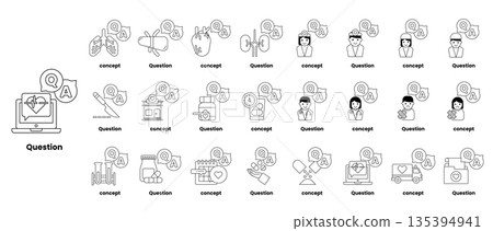 set of illustrations depicting question marks and various objects in a line art style 135394941