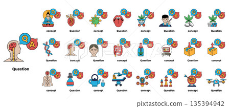 set of illustrations depicting question marks and various objects in a line art style 135394942