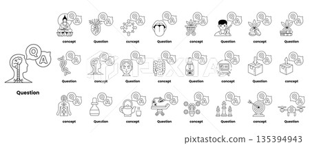 set of illustrations depicting question marks and various objects in a line art style 135394943