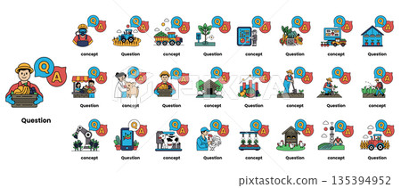 set of illustrations depicting question marks and various objects in a line art style 135394952