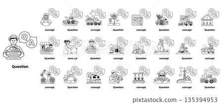 set of illustrations depicting question marks and various objects in a line art style 135394953