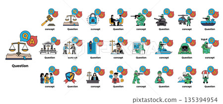 set of illustrations depicting question marks and various objects in a line art style 135394954