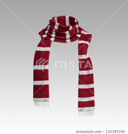 Red and White Striped Wool Scarf. 3D Rendering. Red and White Striped Wool Scarf. 3D Rendering. 135395200