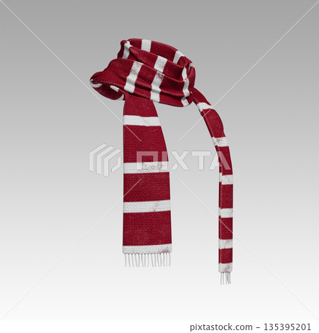 Red and White Striped Wool Scarf. 3D Rendering. Red and White Striped Wool Scarf. 3D Rendering. 135395201