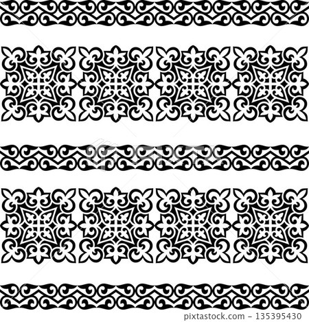 Ornamental border. Seamless pattern. Central Asian or Islamic, Arabic, Indian, ottoman motif. Mediterranean ceramic. Abstract Patterns of Turkic peoples, Kazakh, Kyrgyz, Mongol. Vector illustration 135395430