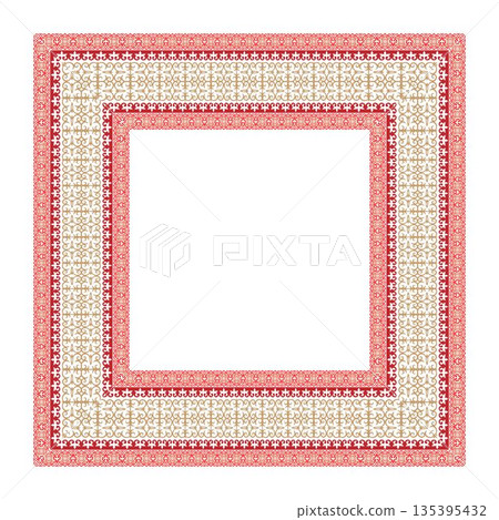 Square frame design with borders in red and gold ornament, suitable for invitation, formal document, square surface, household utensil, textile, embroidery. Strong cultural aesthetic Square frame design with borders in red and gold ornament, suitable for invitation, formal document, square surface, household utensil, textile, embroidery. Strong cultural aesthetic 135395432