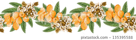 A border of medlar flowers and fruits. Orange round fruits on branches. Small white inflorescences and buds, green exotic leaves. A decorative pattern. Watercolor illustration. Hand-drawn. . High 135395588
