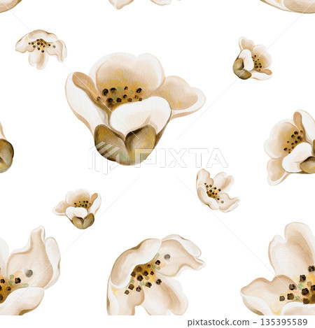 Pattern with small flowers. Vintage retro style. Brown and white colors. Buds with delicate petals and stamens. Watercolor illustration. Hand-drawn. No background. High quality illustration 135395589