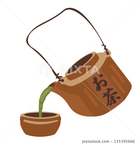 Illustration of pouring green tea from a teapot into a container with a lid Illustration of pouring green tea from a teapot into a container with a lid 135395666