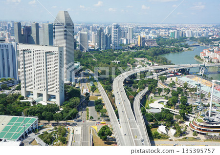 A view of the highway weaving between the skyscrapers in the city 135395757
