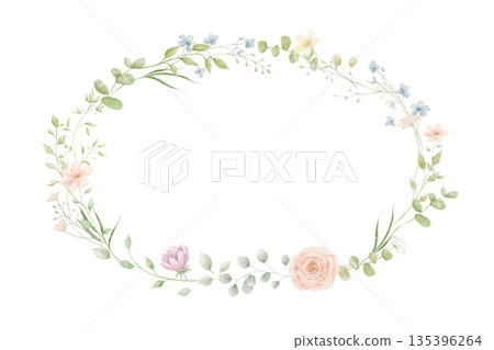 Watercolour wreath with spring flowers, rose and eucalyptus leaves. Floral frame isolated on white background 135396264
