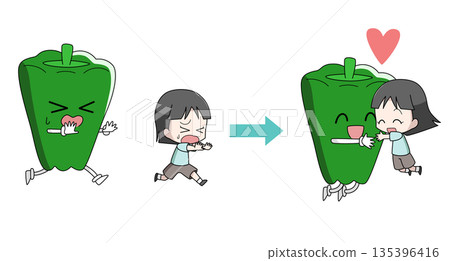 Illustration of a girl overcoming her dislike of vegetables Illustration of a girl overcoming her dislike of vegetables 135396416