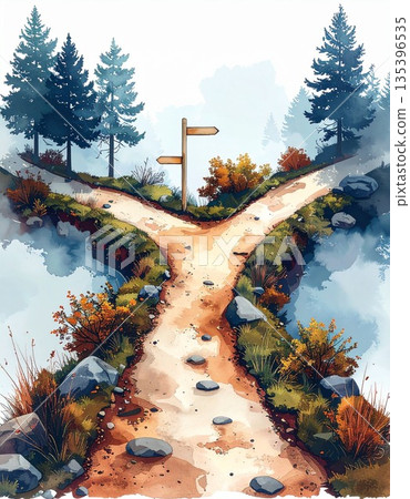 Lenormand Card "The Road" Watercolor illustration 2 symbolizing a crossroads shrouded in mist and confusion / Material for flyers and posters Lenormand Card "The Road" Watercolor illustration 2 symbolizing a crossroads shrouded in mist and confusion / Material for flyers and posters 135396535