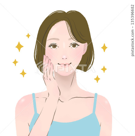 一位女士面帶微笑，手輕撫臉頰－護膚美容圖片 135396682