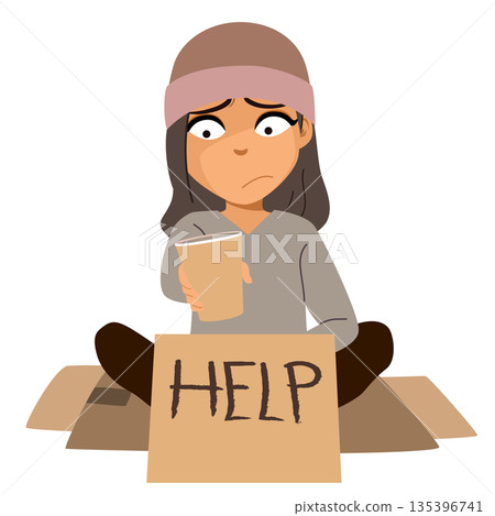 Cute Poor Girl Asking for Help Cartoon Illustration 135396741