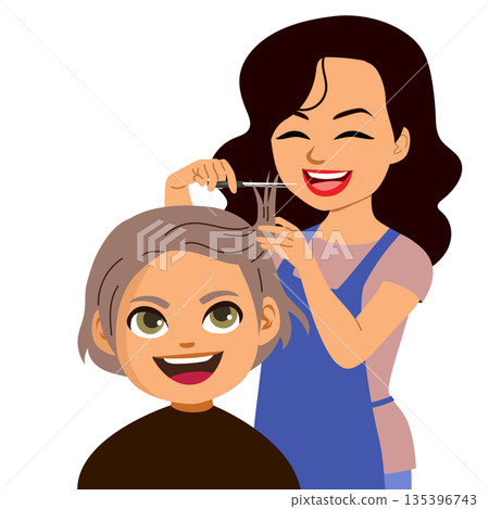 Cute Hairdresser Cutting Boy's Fringe Cartoon Illustration Cute Hairdresser Cutting Boy's Fringe Cartoon Illustration 135396743