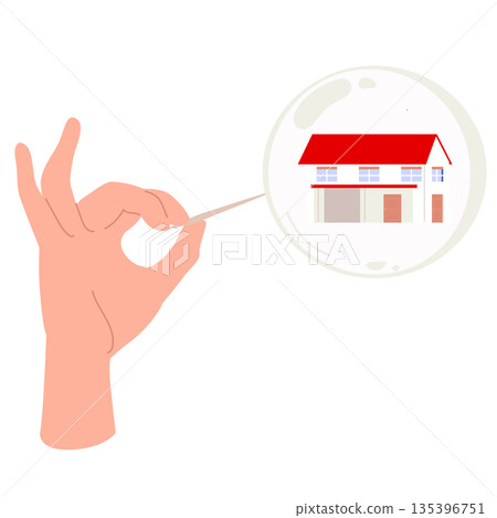 Hand Bursting Real Estate Bubble Cartoon Vector Illustration with House Inside 135396751