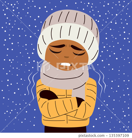 Sad Cold Boy in Winter Snow Cartoon Illustration 135397109