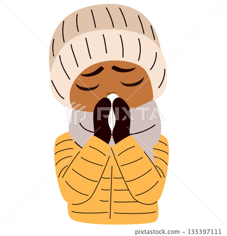Sick Boy Blowing Nose in Winter Clothes Cartoon Illustration 135397111