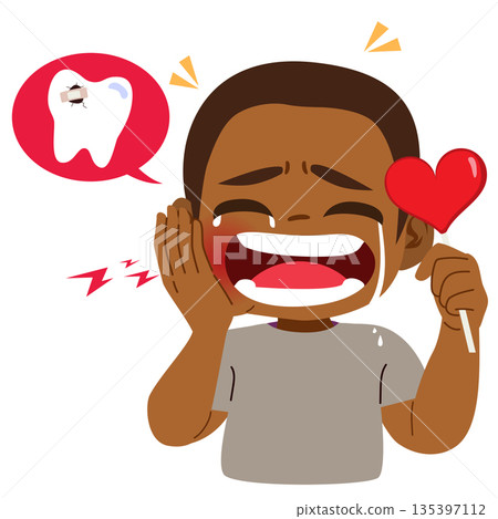 Crying Black Boy With Heart Lollipop Toothache Cartoon Illustration 135397112