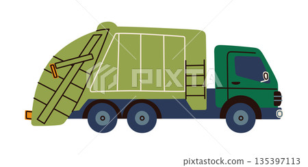 Modern cartoon garbage truck for city services, vector flat cartoon illustration with friendly look. Cute urban transport for ecology, recycling and sanitation themes, kids education, posters, apps 135397113