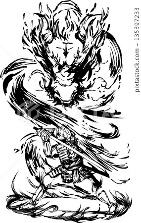 武士與龍墨水畫插圖 135397233