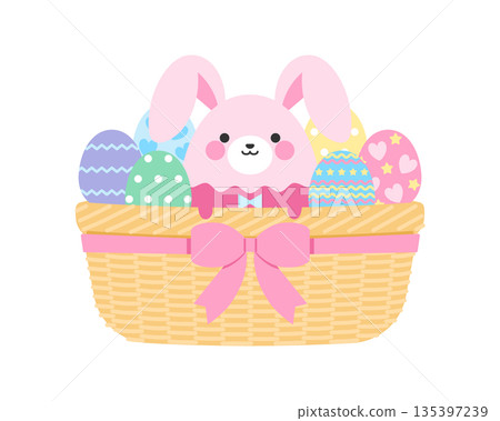 Easter illustration of a rabbit and eggs in a basket 135397239