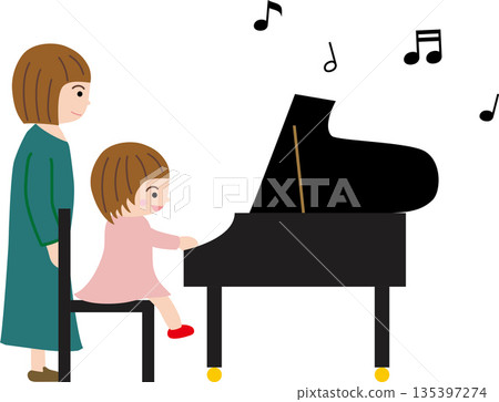 Girl playing piano, teacher and musical notes Girl playing piano, teacher and musical notes 135397274