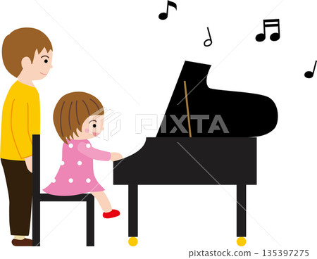 Girl playing piano, teacher and musical notes 135397275