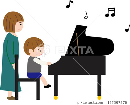 男孩彈鋼琴,老師和音符 男孩彈鋼琴,老師和音符 135397276