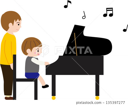 Boy playing piano, teacher and musical notes 135397277
