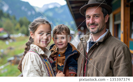 Portrait of Happy Swiss Father and Children at Rural Mountain Train Station 135397374