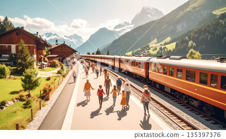 Crowd of Travelers and Families Walking on Sunny Alpine Station Platform 135397376