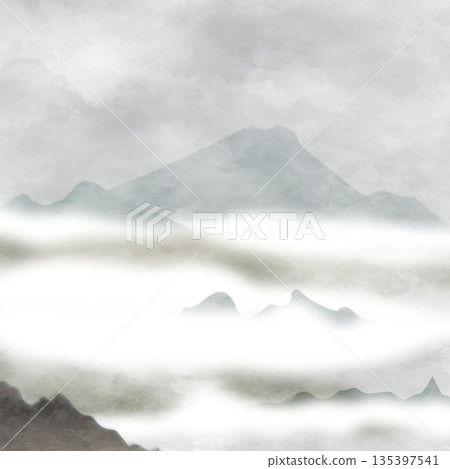 水彩插畫:山巒與雲海 水彩插畫:山巒與雲海 135397541