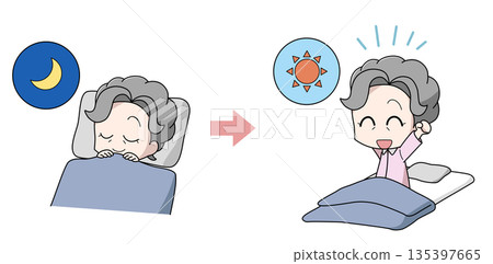 Illustration of an elderly woman who sleeps well and wakes up refreshed Illustration of an elderly woman who sleeps well and wakes up refreshed 135397665