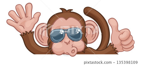 Monkey Sunglasses Thumbs Up Waving Sign Cartoon Monkey Sunglasses Thumbs Up Waving Sign Cartoon 135398109