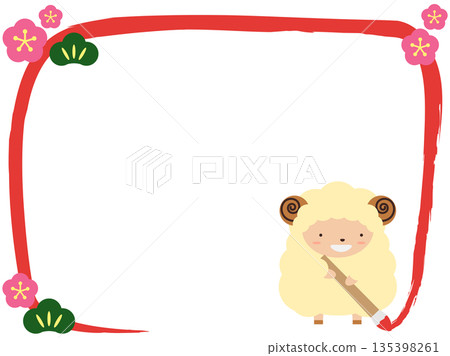 Year of the Sheep zodiac character and brush line frame with Japanese pattern icon 135398261