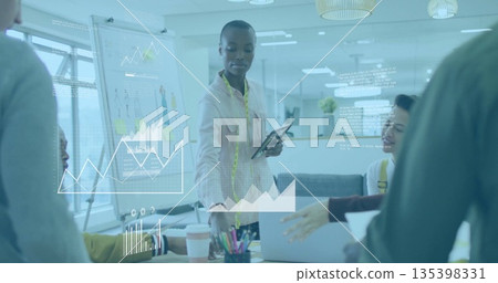 Showing designer wearing measuring tape holding tablet presenting sketches on flipchart in office Showing designer wearing measuring tape holding tablet presenting sketches on flipchart in office 135398331