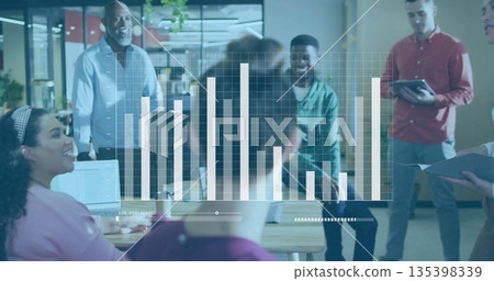 Analyzing five colleagues in colorful shirts examining bar graph overlay in open-plan office 135398339