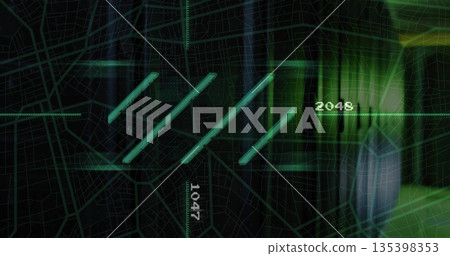 Showing HUD with city grid, scanning beams, glowing diagonal bars, readouts 1047 and 2048, hologram Showing HUD with city grid, scanning beams, glowing diagonal bars, readouts 1047 and 2048, hologram 135398353