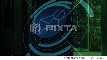 Showing envelope icon overlay floating in data center with server racks network cables circular HUD 135398362