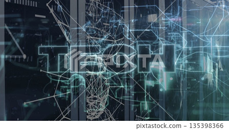 Displaying large transparent TECH text over translucent panels in digital grid, with neon nodes Displaying large transparent TECH text over translucent panels in digital grid, with neon nodes 135398366