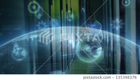 Crouching tech adjusting rack panel in data center corridor, using tablet amid globe overlay, icons 135398376