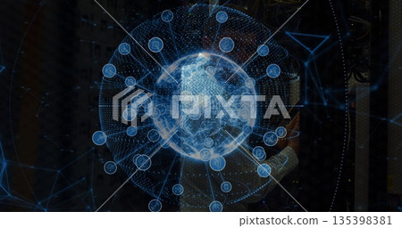 Analyzing IT engineer in blazer viewing holographic globe in data center aisle, with server racks Analyzing IT engineer in blazer viewing holographic globe in data center aisle, with server racks 135398381