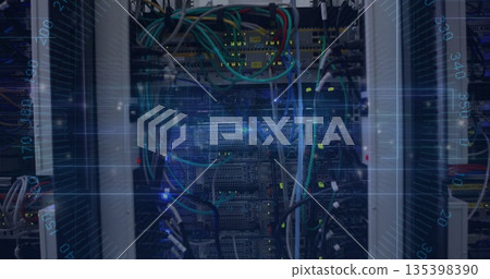 Displaying central server rack humming in data center, with multicolored cables and glowing LEDs 135398390