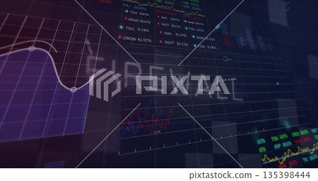 Displaying centered FIREWALL label on virtual cybersecurity dashboard with charts and ticker tables Displaying centered FIREWALL label on virtual cybersecurity dashboard with charts and ticker tables 135398444