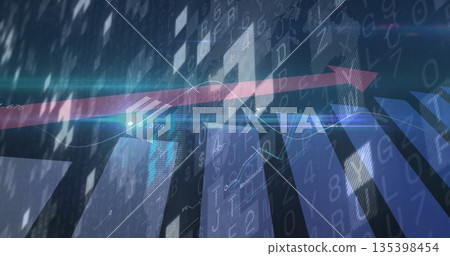 Streaming red upward arrow streaking across panels in dashboard, displaying codes, flares, graphs Streaming red upward arrow streaking across panels in dashboard, displaying codes, flares, graphs 135398454